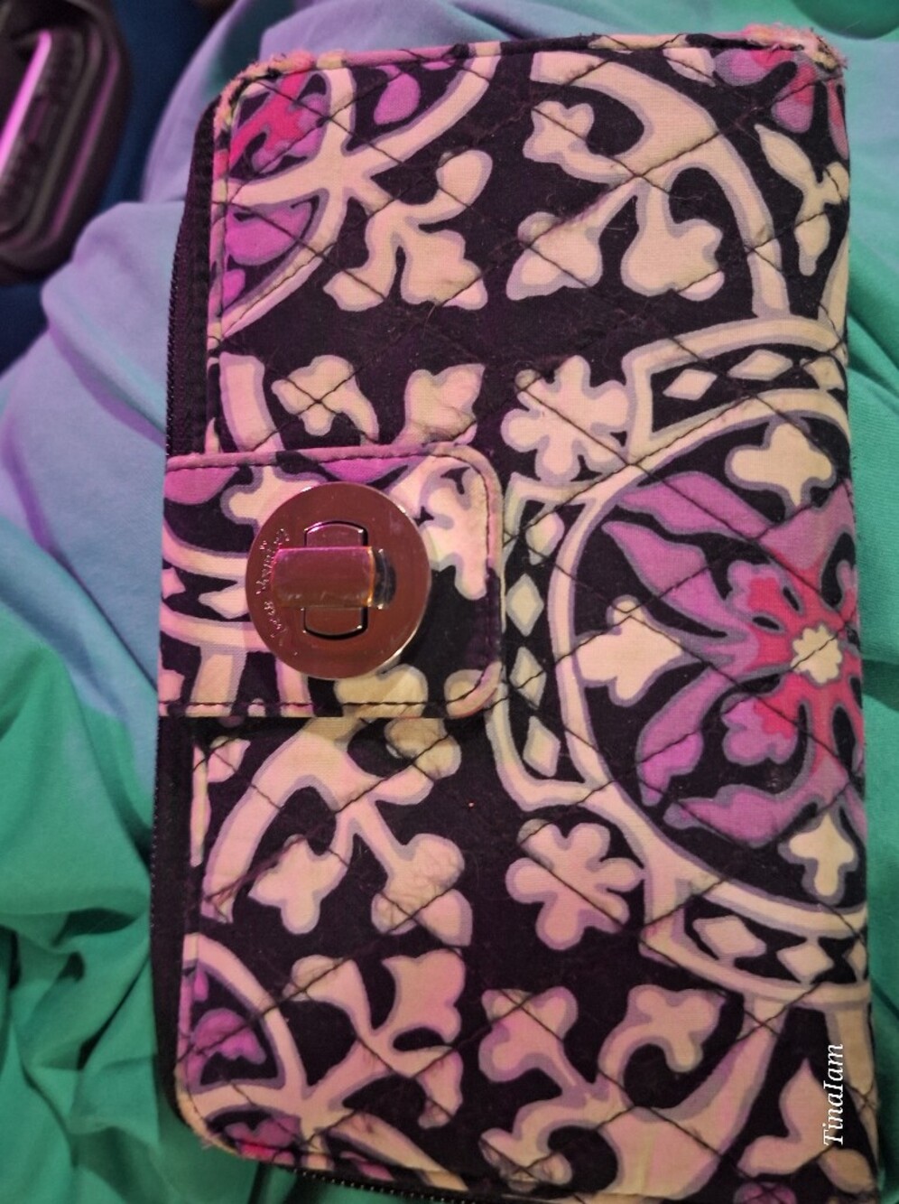 Vera Bradley Quilted Floral Print Wallett in Black, White & Pink.